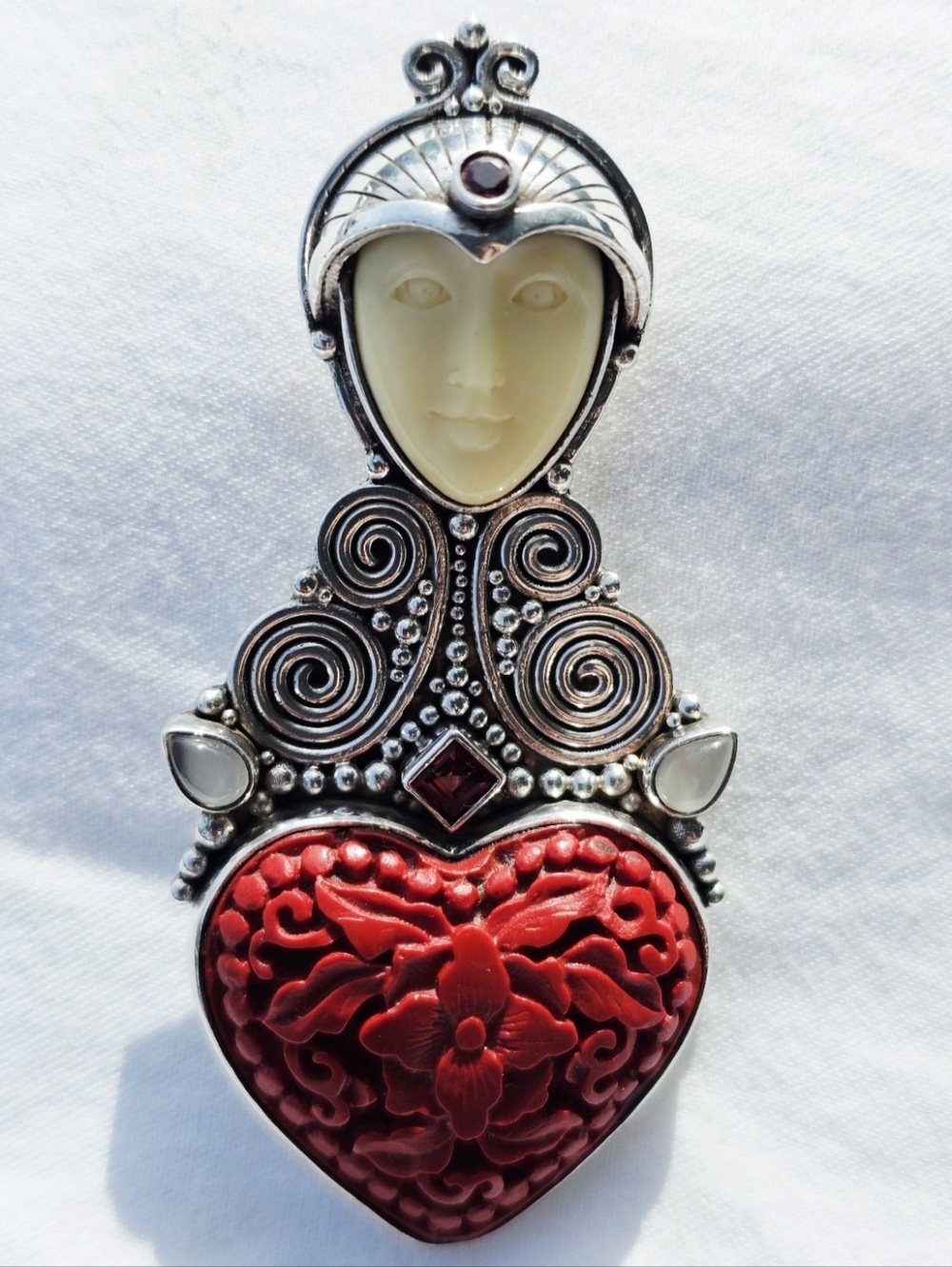 Vintage Sajen .925 Sterling  Balinese Goddess Carved Cinnabar Pendant Brooch